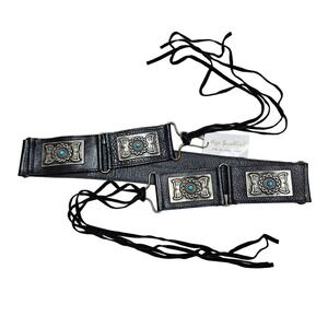 Olga Santini NWT Black Leather Belt Silver Turquoise Buckles Concho M 
Festival